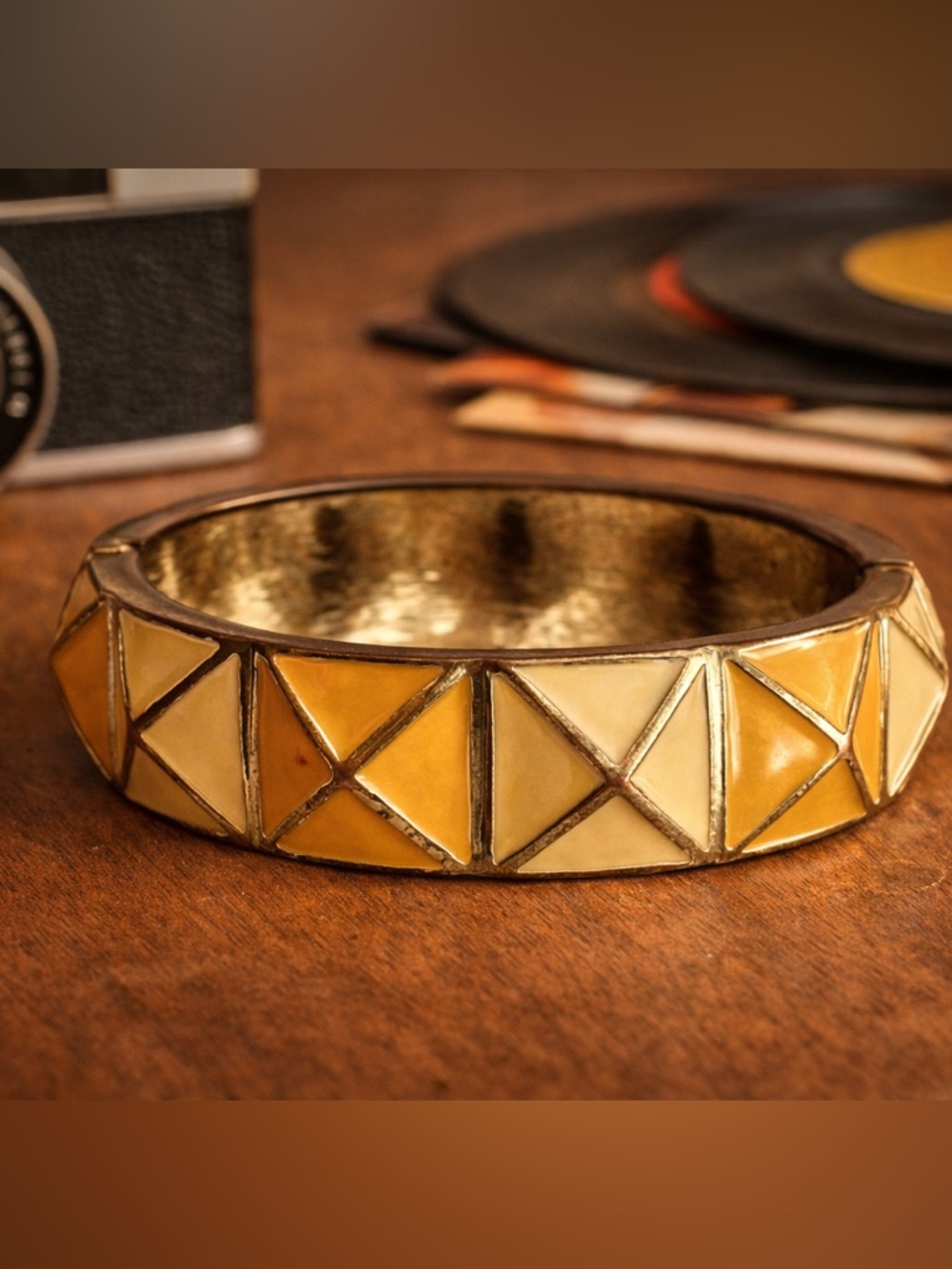 Gold Tone Enamel Hinged Bangle Geometric Triangle Mustard Yellow